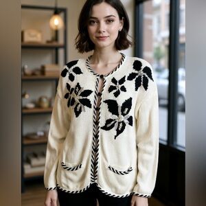 MarieaKim Elegant Cream and Black Women's Cardigan Size L
